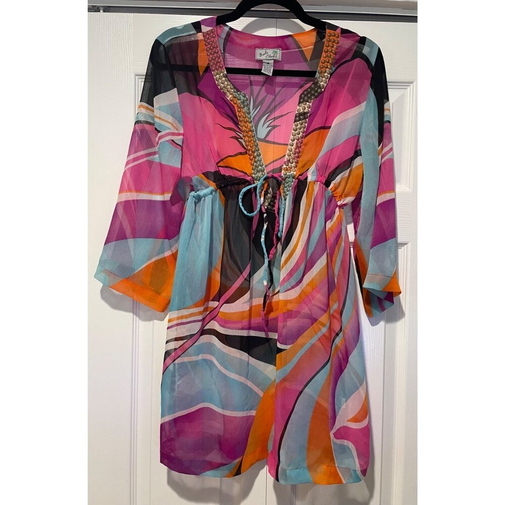 Vtg Bali Club Womens Sheer Mini Dress‎ Size M Hippie Boho Beaded Indie Vacation